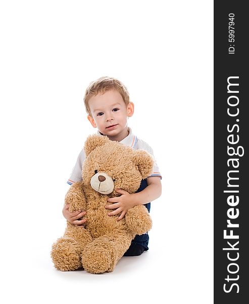 Child with bear on white