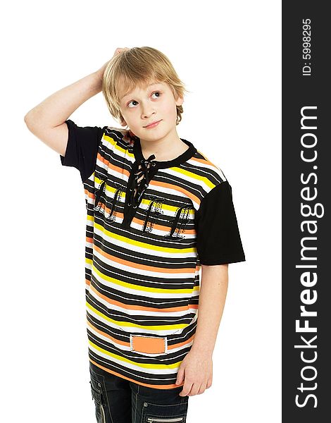 Boy scratching his head on white background. Boy scratching his head on white background