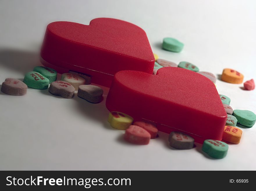 Valentines Hearts with heart candy. Candy has messages on them. Valentines Hearts with heart candy. Candy has messages on them.