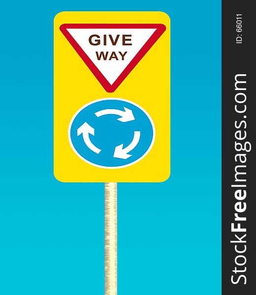 Give way sign board on blue