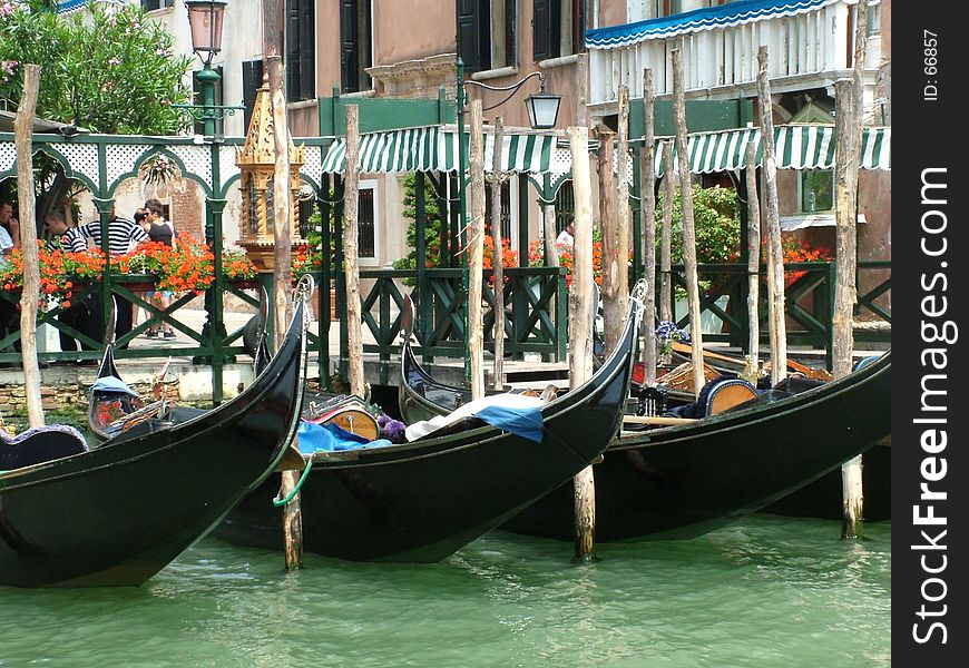 Gondolas parked in Venice, Italy