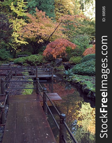 Bridge and pond at Japanese Garden in Portland Oregon