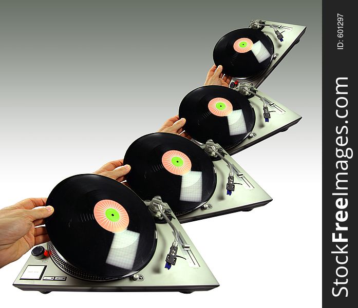 A pattern of a hand putting a record on a turntable. A pattern of a hand putting a record on a turntable