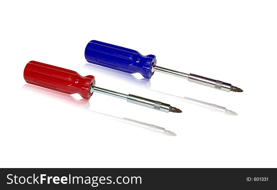 Blue and Red Screwdrivers on white background. Blue and Red Screwdrivers on white background