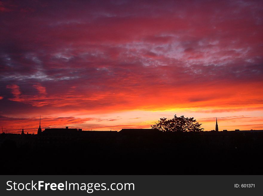 Sunset above city Helsinki