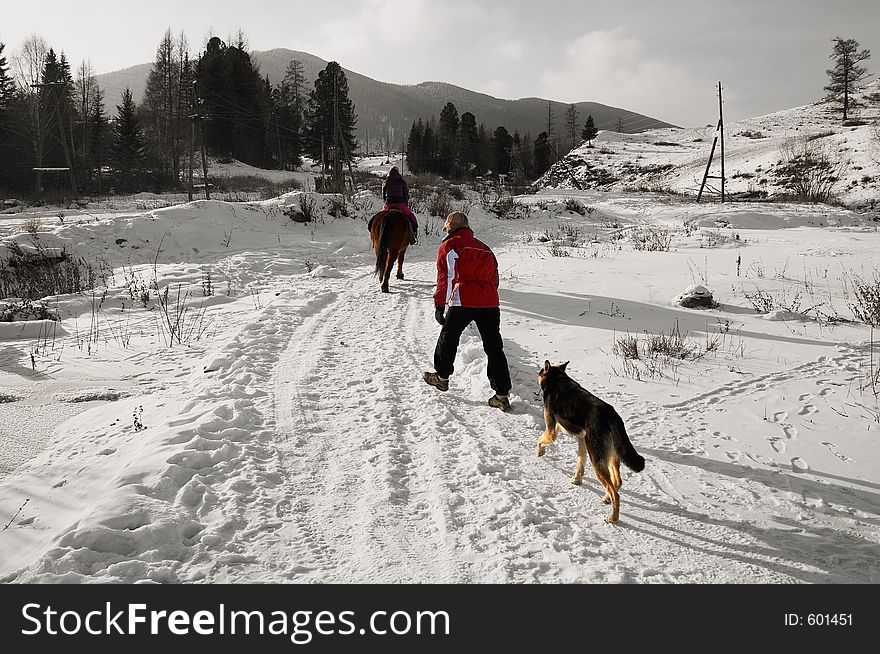 Girl, woman and dog. Altay