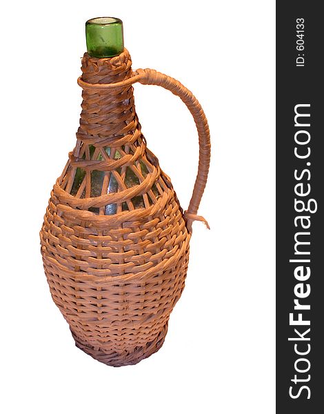 Old wine bottle with cane weaving * ISOLATED *. Old wine bottle with cane weaving * ISOLATED *