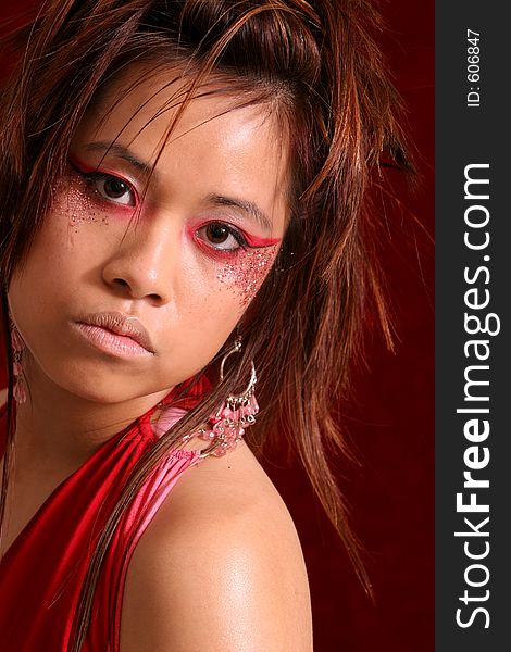 Asian Girl Red Dress Close