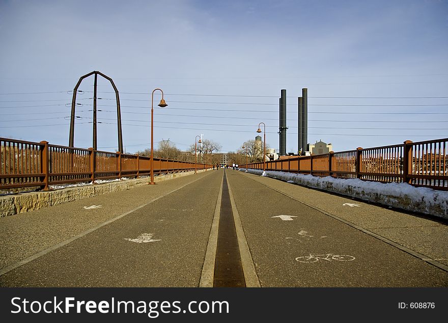 Walking/Bike Riding paths on Stone Arch Bridge, Minneapolis, MN. Walking/Bike Riding paths on Stone Arch Bridge, Minneapolis, MN