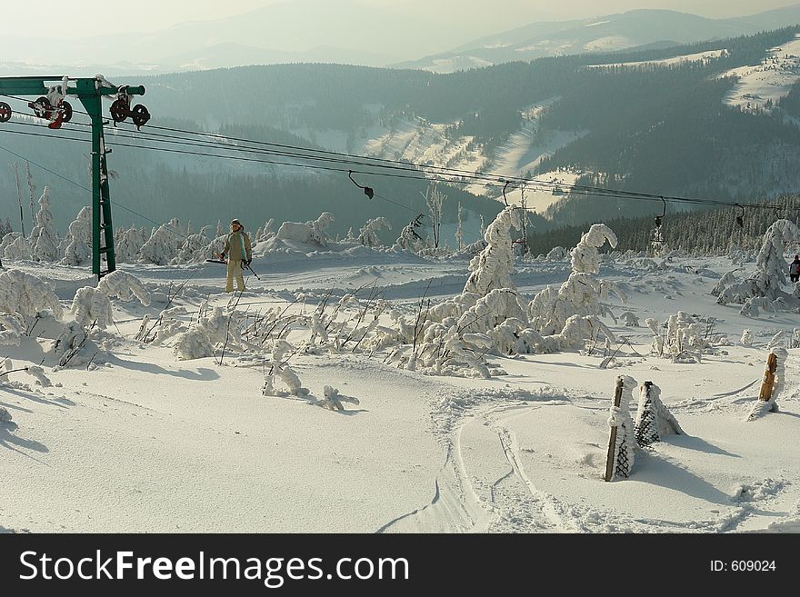 Ski lift on the slopes of Male Skrzyczne, Beskidy Mountains (Carpathian Mountains), Poland