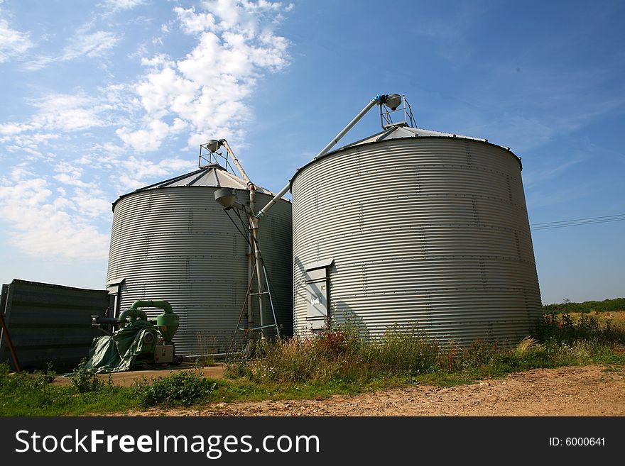 Two huge grain silos dominate the skyline. Two huge grain silos dominate the skyline