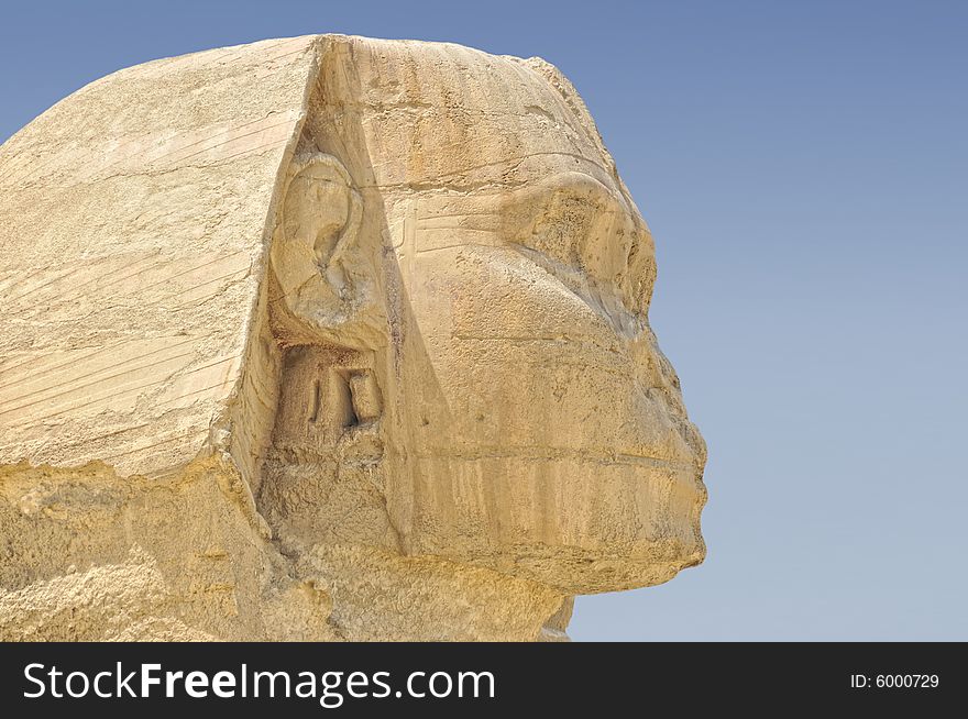 Close-up of the Sphinx located in Giza Cairo Egypt