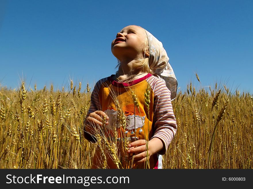 Girl in wheat field looks at sky
