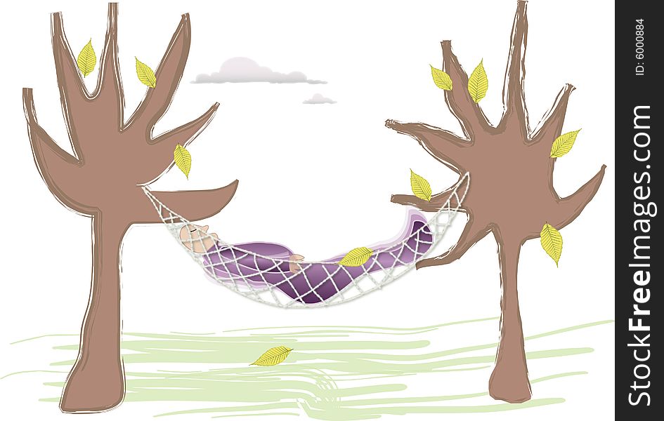 Illustration, man resting in hammock  through the two trees. Illustration, man resting in hammock  through the two trees