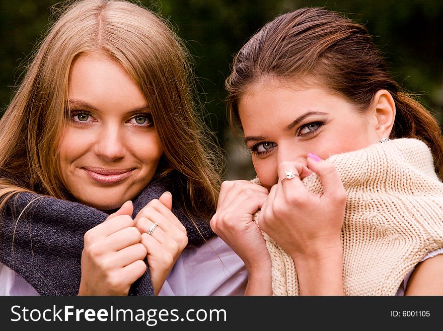 Portrait of two lovely girlfriends in summer park