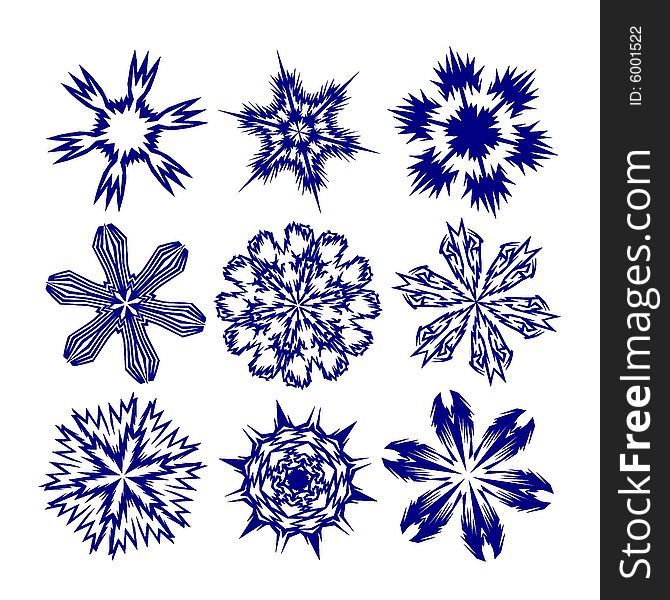 A set of 9 blue snowflakes. A set of 9 blue snowflakes.