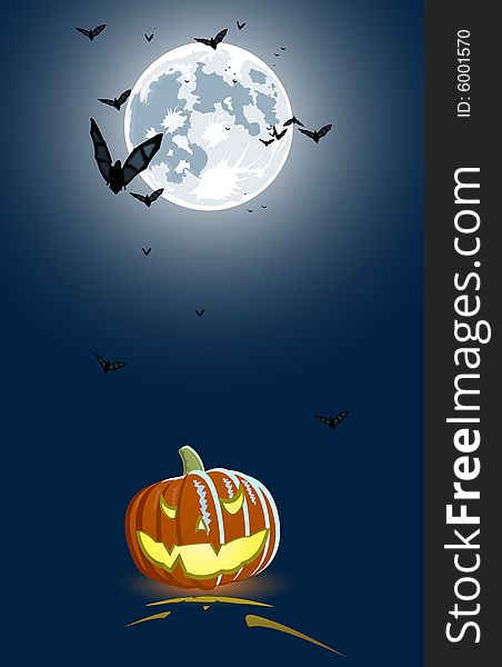 Vector illustration of an evil pumpkin on full moon background