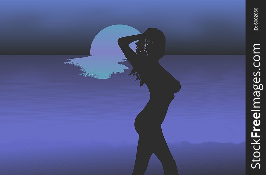 Silouette of a woman on the sea at night