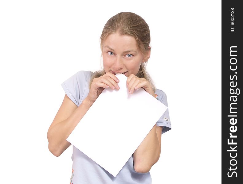 The beautiful blonde girl with white Piece of paper