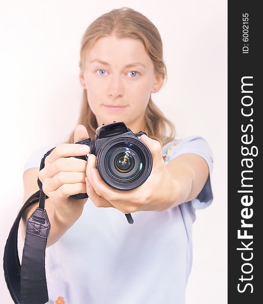 The Beautiful Girl With White Photocamera