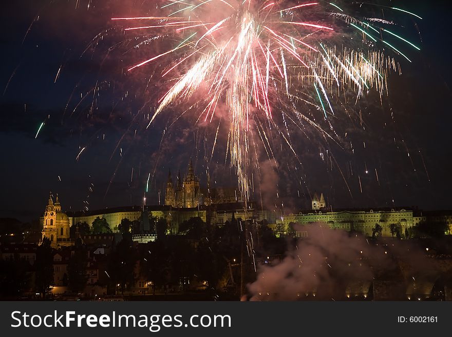 Fireworks in Prague with castle on the background.