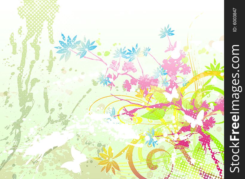 Green floral flowers with butterfly and paint drips. Green floral flowers with butterfly and paint drips