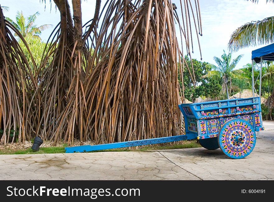A colorfully painted wagon on a patio by a banyan tree. A colorfully painted wagon on a patio by a banyan tree