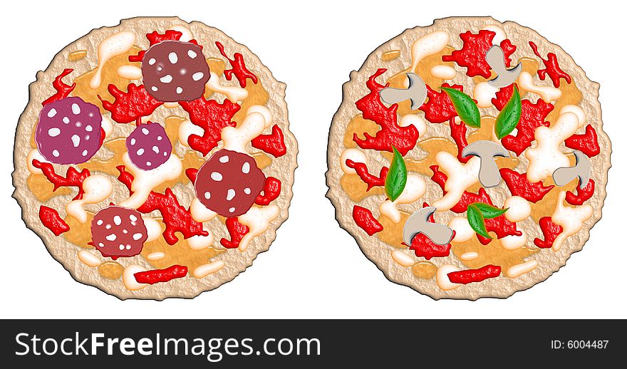 Two pizzas with various bitmap effects, one with sliced salami and one with basil and chopped mushrooms. Two pizzas with various bitmap effects, one with sliced salami and one with basil and chopped mushrooms