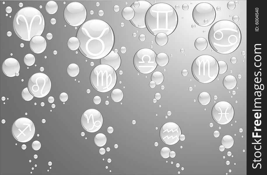 Bubbles with 12 zodiac signs on grey background. Additional vector format in EPS (v.8). Bubbles with 12 zodiac signs on grey background. Additional vector format in EPS (v.8).