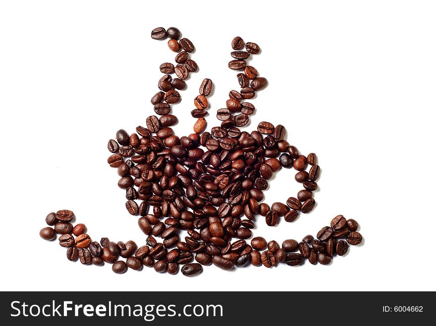 Coffee sign made of coffee beans  (over white background)