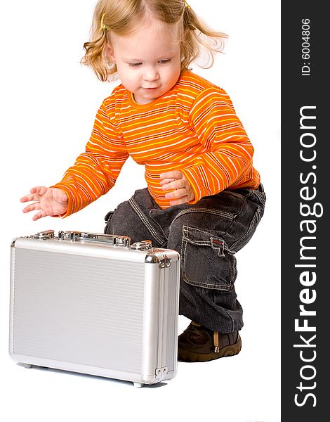 Close-up of pretty baby with suitcase, isolated over white