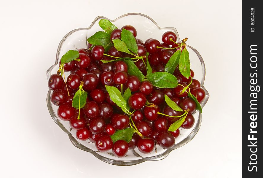 Sweet red cherries with leaves. Sweet red cherries with leaves