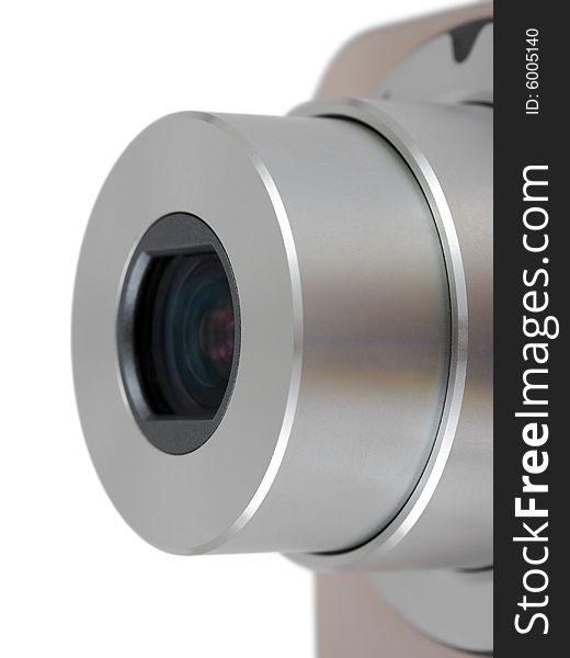 Macro of camera lens isolated on white background