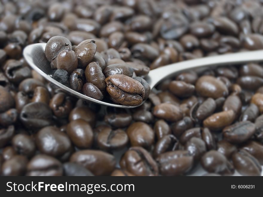 Closeup shot of coffee beans on teaspoon