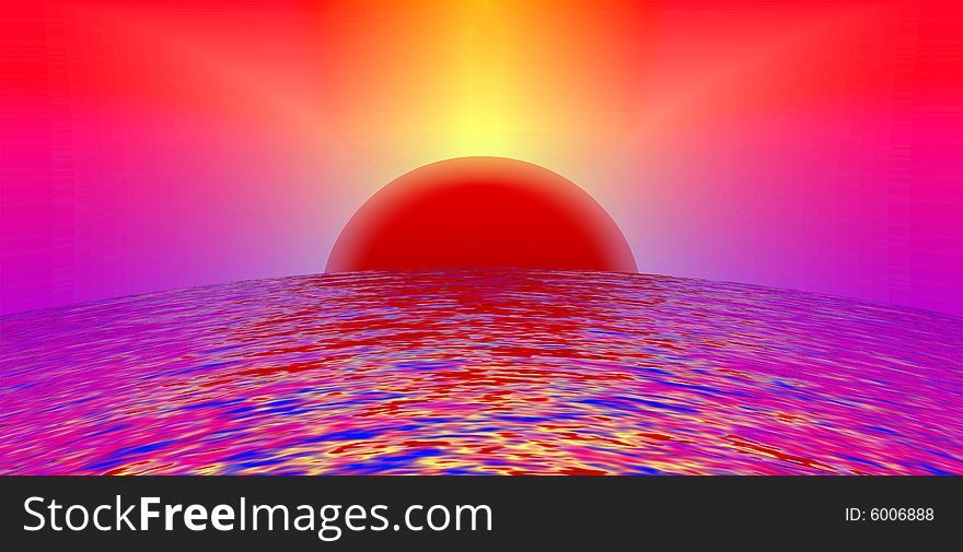 Bright decorative background. Red planet slowly mounts from the ocean. Abstract illustration. Bright decorative background. Red planet slowly mounts from the ocean. Abstract illustration.