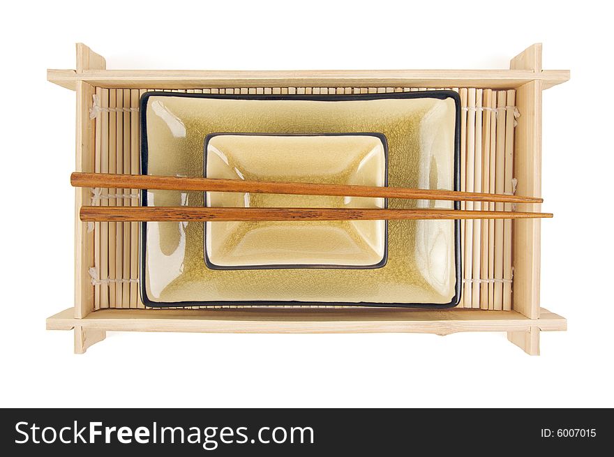 Abstract Chopsticks and Bowls Isolated on a White Background.