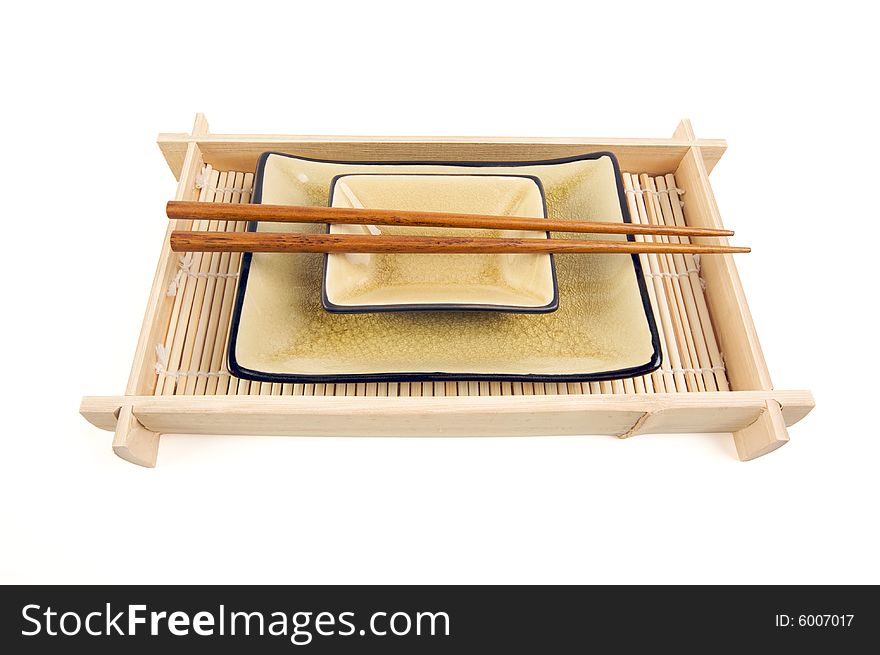 Abstract Chopsticks and Bowls Isolated on a White Background.