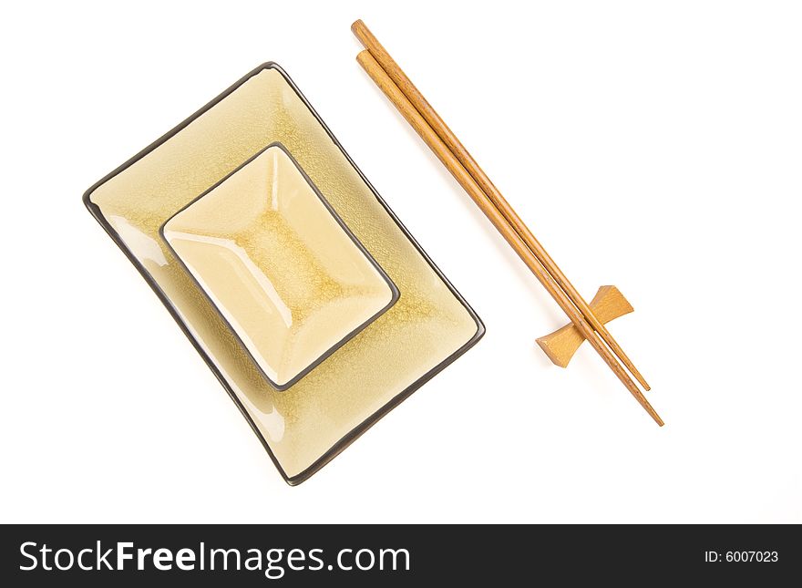 Abstract Chopsticks and Bowls Isolated on a White Background.