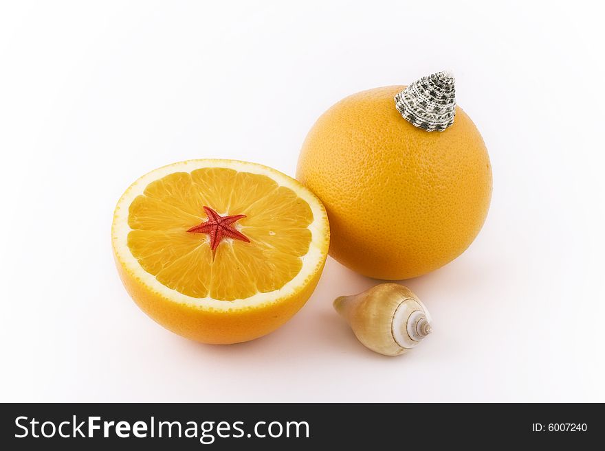 Two bright yellow lemons and sea shells upon white background. One is lemon cut apart. Two bright yellow lemons and sea shells upon white background. One is lemon cut apart.