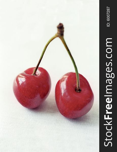 Two red cherries in macro. Two red cherries in macro