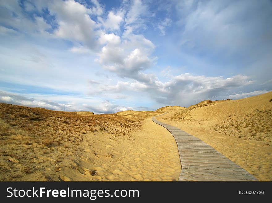 Empty boardwalk in the dunes