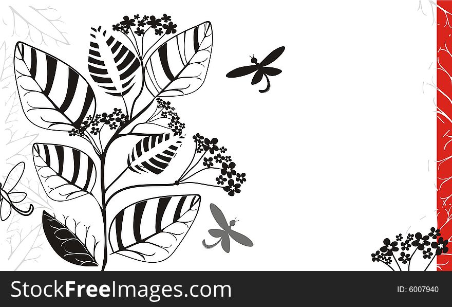 Black plant and butterflies on the white background. Black plant and butterflies on the white background