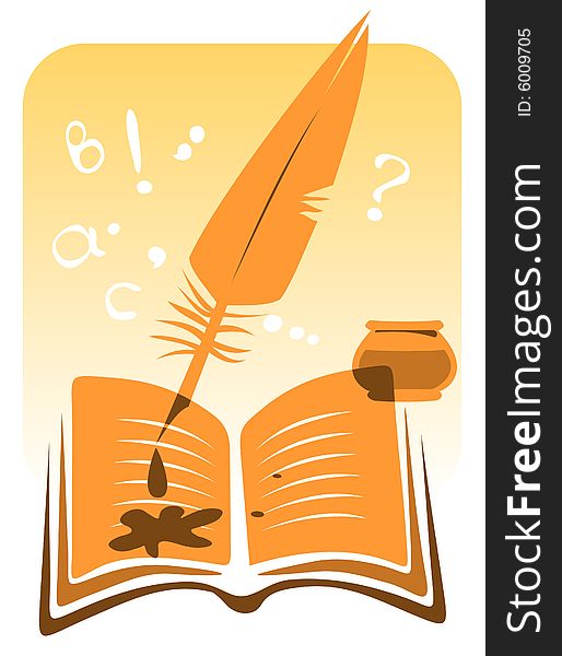 Stylized feather and book on a yellow background.