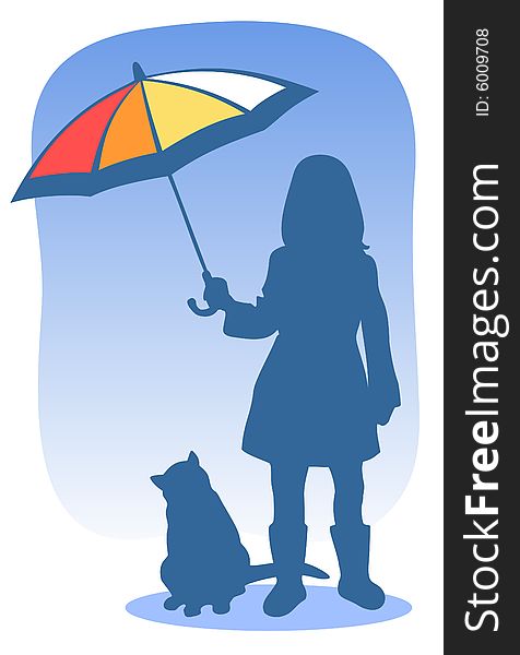 Young girl with umbrella and cat silhouettes on a blue background. Young girl with umbrella and cat silhouettes on a blue background.