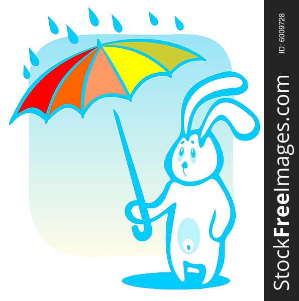 Cartoon rabbit with umbrella isolated on a blue background.