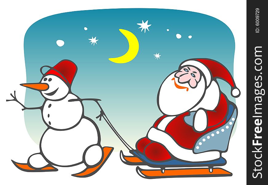 Cartoon Santa Claus and snowball on a blue background. Christmas illustration. Cartoon Santa Claus and snowball on a blue background. Christmas illustration.