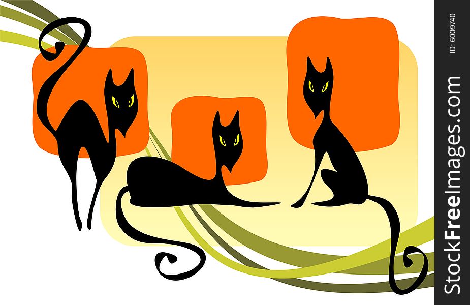 Three black cats on a striped background. Halloween illustration.