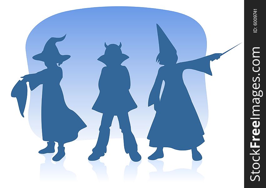 Three children silhouettes on a blue background. Halloween illustration.