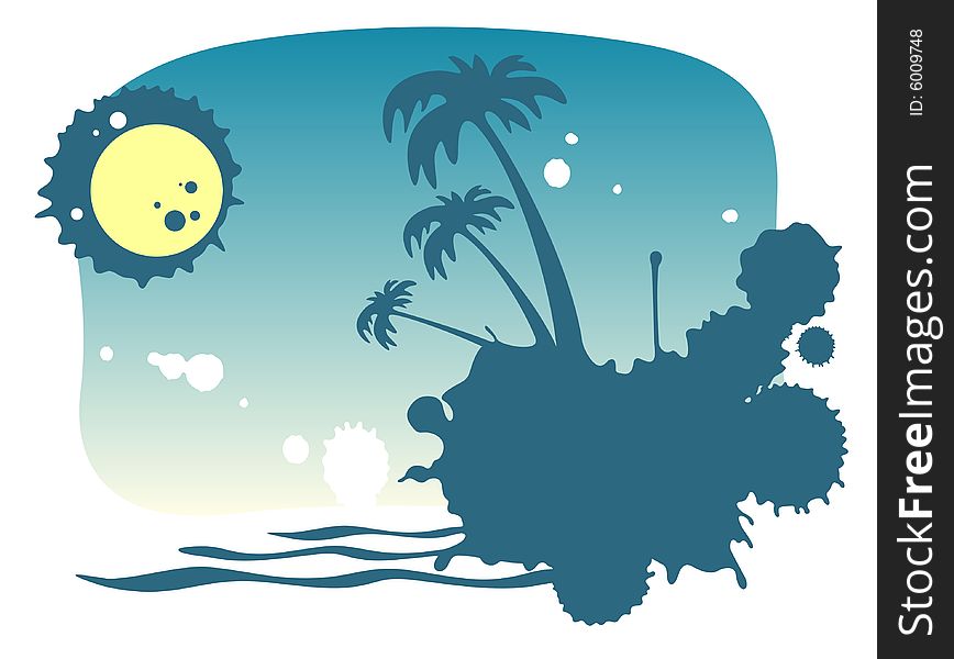 Stylized island with palm trees and moon on a night sky background. Stylized island with palm trees and moon on a night sky background.