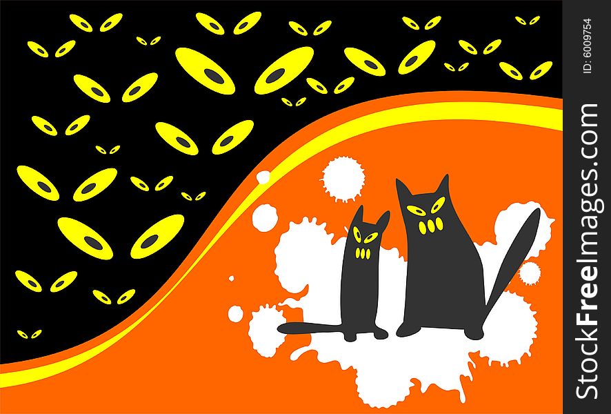Tho black cats on orange background. Halloween  illustration. Tho black cats on orange background. Halloween  illustration.